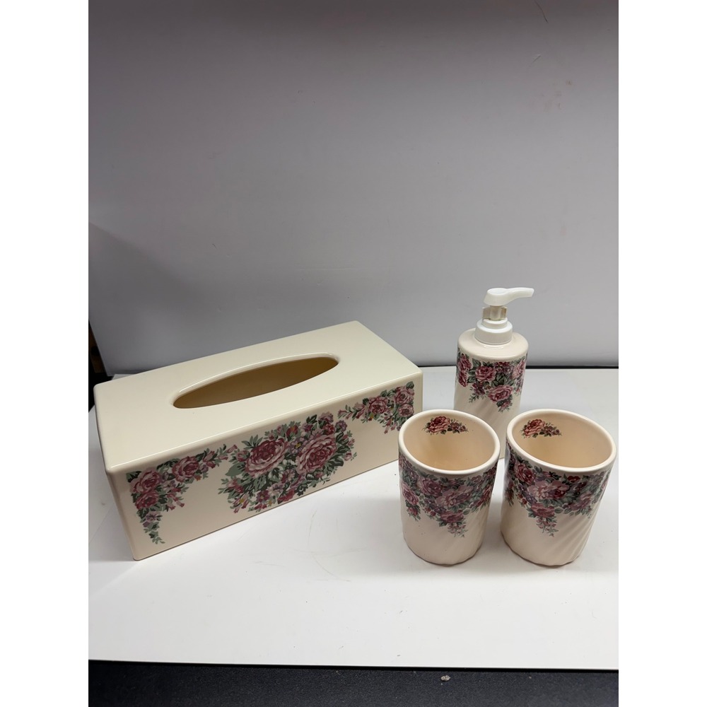 Vintage Floral Ceramic Bathroom Set Rose Tissue Box Cover Soap Dispenser Cups